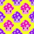 Seamless pattern of cartoon mushrooms of different colors on a multi-colored background