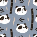 Seamless pattern with cartoon pandas, bamboo, dÃÂ©cor elements. colorful vector for kids. hand drawing, flat style. Royalty Free Stock Photo