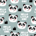 Seamless pattern with cartoon pandas, hand drawing lettering, decor elements on a neutral background. colorful vector for kids. ha Royalty Free Stock Photo