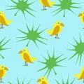 Seamless pattern cartoon parrots, abstract leaves on blue background. Funny birds print, vector eps 10 Royalty Free Stock Photo