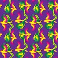 Seamless pattern with cartoon parrots on purple background. Vector image