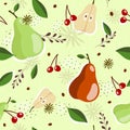 Seamless pattern with cartoon pear, cherry, leaves, flowers, twigs, decor elements, dots on a neutral background. fruit theme. vec Royalty Free Stock Photo