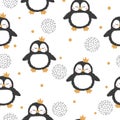 Seamless pattern with cartoon penguin princess in crown.