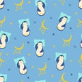 Seamless pattern cartoon penguin sleeps on a pillow moon and stars. Funny cute sleeping penguin character for kids concept. Vector