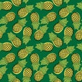 Seamless pattern of cartoon pineapple. Drawn fruit on a green ba