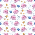 Seamless pattern with cartoon pink jellyfish, starfish, seashells among the waves and bubbles in a flat style Royalty Free Stock Photo