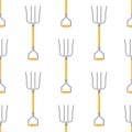 Seamless pattern with cartoon pitchforks on white background. Gardening tool. Vector illustration for any design