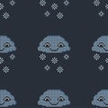 Seamless pattern with cartoon pixel cloud and snowflakes.Winter seasonal element of snowy weather. Vector illustration