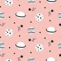 Seamless pattern with cartoon planet stars and comets.