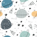 Seamless pattern with cartoon planets, decor elements. Colorful vector flat style for kids. Space. hand drawing.