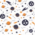 Seamless pattern with cartoon planets, stars and comets. Space Background for Kids. Vector