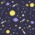 Seamless pattern with cartoon planets, stars and comets. Space Background for Kids. Vector