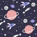 Seamless pattern with cartoon planets, stars and comets. Space Background for Kids. Vector Royalty Free Stock Photo