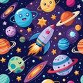 Seamless pattern with cartoon planets, stars, and a rocket flying in space Royalty Free Stock Photo