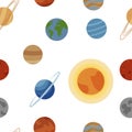 Seamless pattern with cartoon planets on white background. Vector illustration