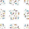 Seamless pattern of cartoon playful kids with kites and air balls Royalty Free Stock Photo