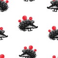 Seamless pattern of cartoon prickly hedgehog with apples