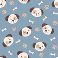 Seamless pattern with cartoon puppies, bones and dog paws