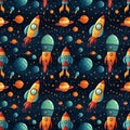 seamless pattern with cartoon rockets, planets and stars in space