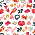 Seamless pattern with cartoon seafood - tuna, salmon, clams, crab, lobster and so. Vector illustration, eps10.