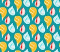 Seamless pattern with cartoon seashells with doodle ornament in row on blue background. Flat texture with ocean inhabitants