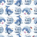 Seamless pattern with cartoon sharks swimming among the sea waves and the inscription ride the wave in a flat style