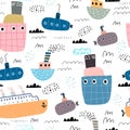 Seamless pattern with cartoon ships, submarines, decor elements. Colorful vector flat style for kids. hand drawing. Royalty Free Stock Photo