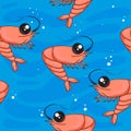 Seamless pattern with cartoon shrimps. shrimp on the sea background.