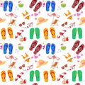 Seamless pattern with cartoon slippers, summer, leisure and travel
