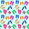 Seamless pattern with cartoon slippers, summer, leisure and travel