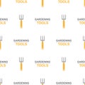 Seamless pattern with cartoon small pitchforks on white background. Gardening tool. Vector illustration for any design