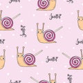 Seamless pattern with cartoon snail with candy lollipop as shell Royalty Free Stock Photo
