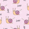 Seamless pattern with cartoon snail with candy lollipop as shell