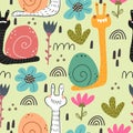 Seamless pattern with cartoon snails, flowers, decor elements  on a neutral background. colorful vector for kids. hand drawing, fl Royalty Free Stock Photo