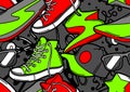 Seamless pattern with cartoon sneakers, skateboard and baseball cap.