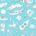 Seamless pattern with cartoon space objects hand drawn on blue background - spacecraft, astronaut, flying saucer