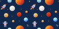 seamless pattern with cartoon space rockets, planets and stars, astronaut. vector illustration