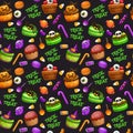 Seamless pattern with cartoon spooky traditional Halloween sweets on black background.