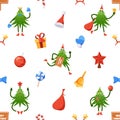 Seamless Pattern with Cartoon Spruce Tree Character, Santa Claus sack, Gifts, Hat, Bauble and Holiday Sweets