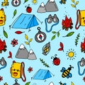 Seamless pattern in cartoon style. Compass, mountains, backpack, bonfire, fanar, insects, sun on a blue background. Nature, forest Royalty Free Stock Photo