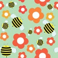 Seamless Pattern in Cartoon Style with Cute Bee and Flowers. Royalty Free Stock Photo