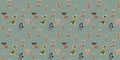 Seamless pattern of cartoon sweet zebras, giraffes, bush hares, African fennec foxes, bongo antelopes, Dorcas gazelles, and buffa