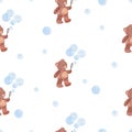 Seamless pattern with cartoon Teddy bear blowing soap bubbles Royalty Free Stock Photo