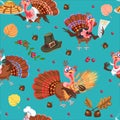 Seamless pattern cartoon thanksgiving turkey character in hat with harvest, leaves, acorns, corn, autumn holiday bird