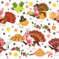 Seamless pattern cartoon thanksgiving turkey character in hat with harvest, leaves, acorns, corn, autumn holiday bird