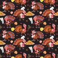 Seamless pattern cartoon thanksgiving turkey character in hat with harvest, leaves, acorns, corn, autumn holiday bird