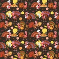 Seamless pattern cartoon thanksgiving turkey character in hat with harvest, leaves, acorns, corn, autumn holiday bird