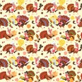 Seamless pattern cartoon thanksgiving turkey character in hat with harvest, leaves, acorns, corn, autumn holiday bird