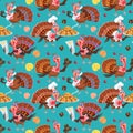 Seamless pattern cartoon thanksgiving turkey character in hat with harvest, leaves, acorns, corn, autumn holiday bird