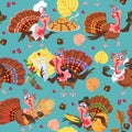 Seamless pattern cartoon thanksgiving turkey character in hat with harvest, leaves, acorns, corn, autumn holiday bird